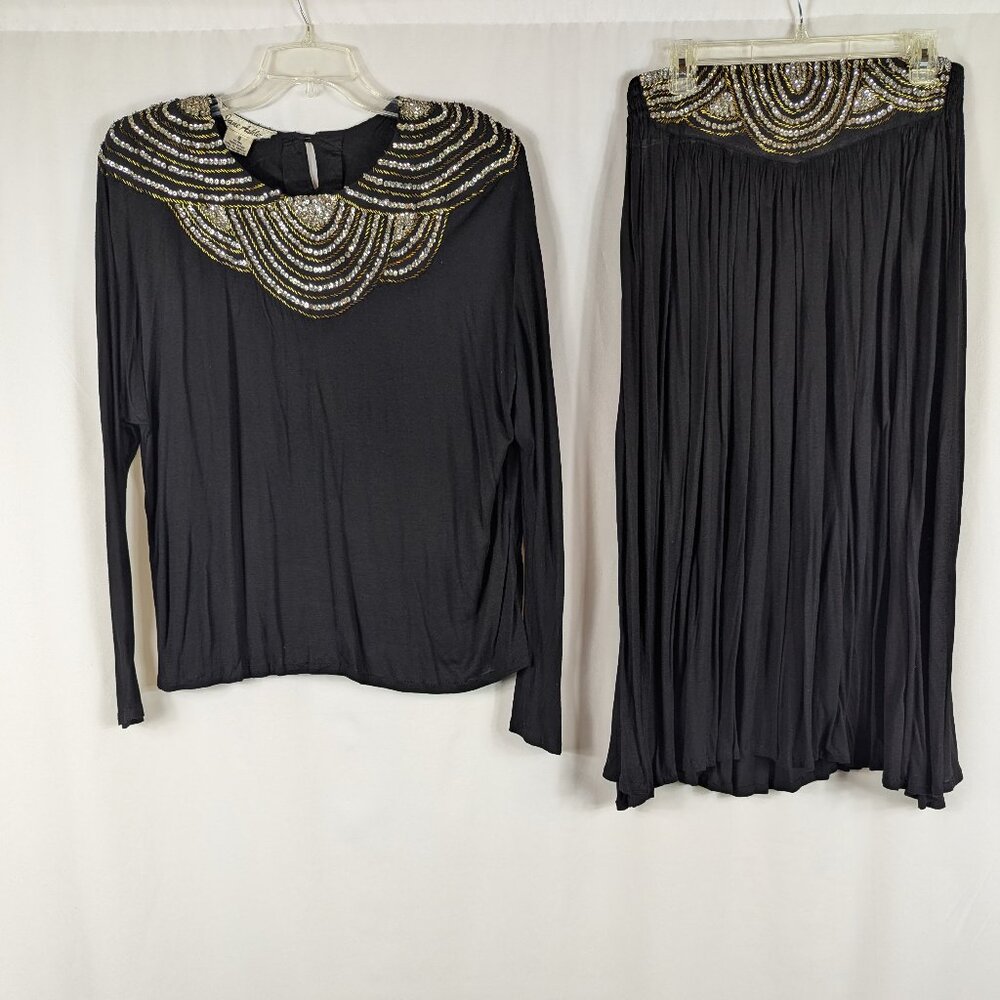 Jane Ashley Black Shirt Blouse Skirt Set Sequin Bead Vintage 80s Size Small S